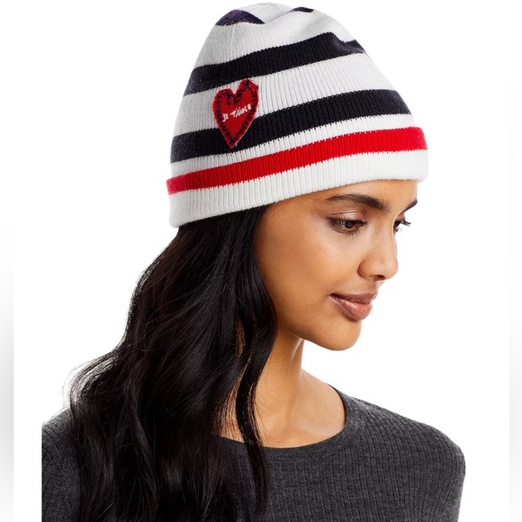 Aqua x Kerri Rosenthal Striped Heart Patch Beanie/Hat One Size New w/Tag main image 4